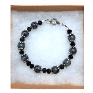 Artisan Black Labradorite Beaded Bracelet Toggle Clasp Silver Tone Elegant NEW